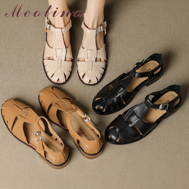 Meotina Women Genuine Leather Gladiator Sandals Round Toe Flats Buckle Concise Ladies Fashion Casual Shoes Summer Beige Black 40