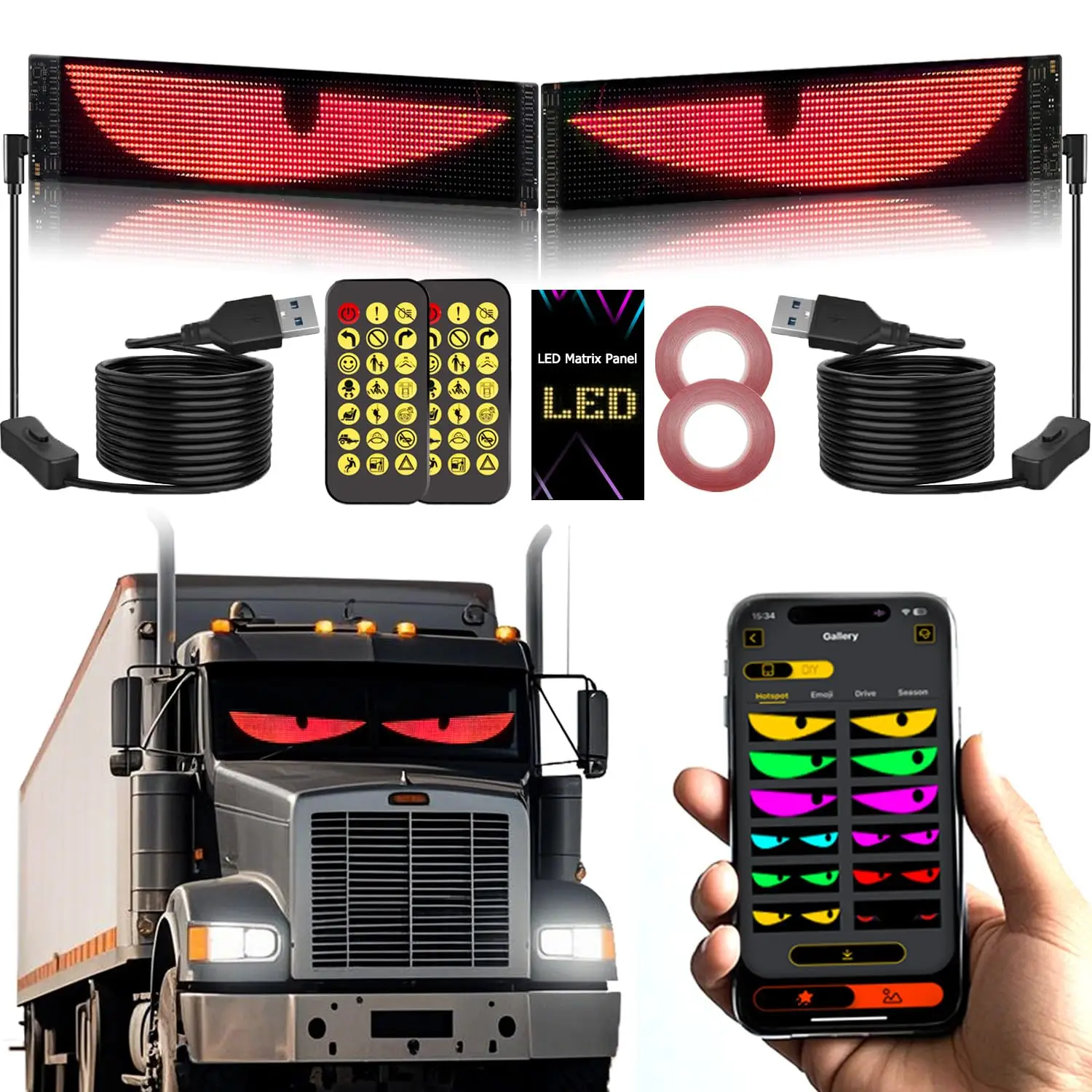 2 قطعة أضواء عيون الشيطان للزجاج الأمامي USB ديناميكية شخصية LED أضواء العين لشاحنة الزجاج الأمامي عن بعد بلوتوث APP التحكم