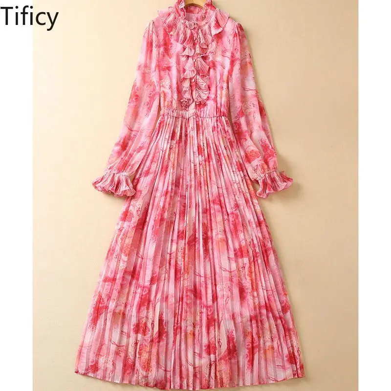 

TIFICY Fashion Print Dresses Women's Spring Stand Up Collar Ruffle Edge Elastic Waist Printed Long Sleeved Pleated Long Dress