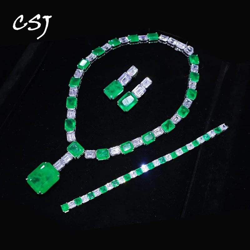 

CSJ Luxury Emerald Jewelry Sets Sterling 925 Silver Created Gemstone for Women Birthday Party Wedding Trendy Jewelry Gift