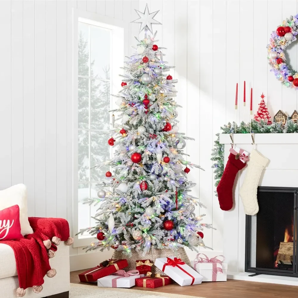 12ft Christmas Tree, Flocked Artifical Noble Fir, Pre-Lit White & Multicolored LED Lights Premium Holiday Décor