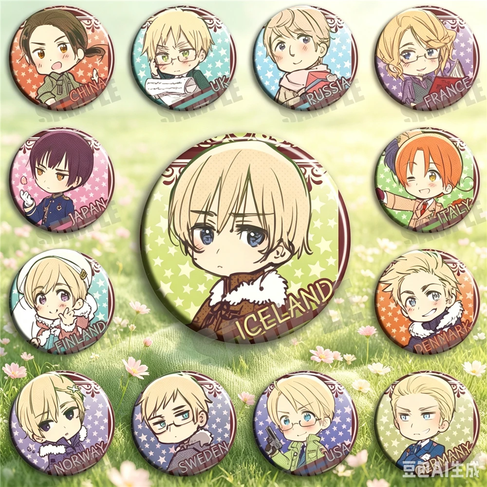 58mm Anime The Beautiful World Stars Feliciano Vargas Arthur Kirkland Cosplay COSTUME Badge Pin SPTE Tinplate Brooch Prop GiFT