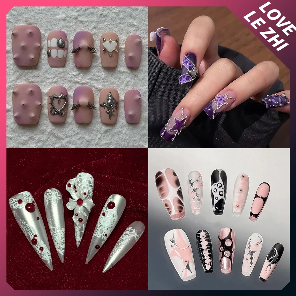 

Europe America Spice Girls Style Handmade Wearable Full Cover Nails Metal Rivet Flower Magic Mirror Powder French Press On Nails