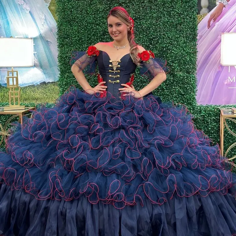 Lorensia gaun bahu terbuka wanita biru tua gaun Quinceanera Applique 3D bunga Tulle bertingkat manis 16 15 Vestidos De 15 Anos YQD477