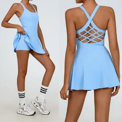 Women Tennis Dress One-Pieces Slim Fit Soft Sports Sets Golf Badminton Skorts Back Cross Tracksuits With Chest Pads Yoga Suits