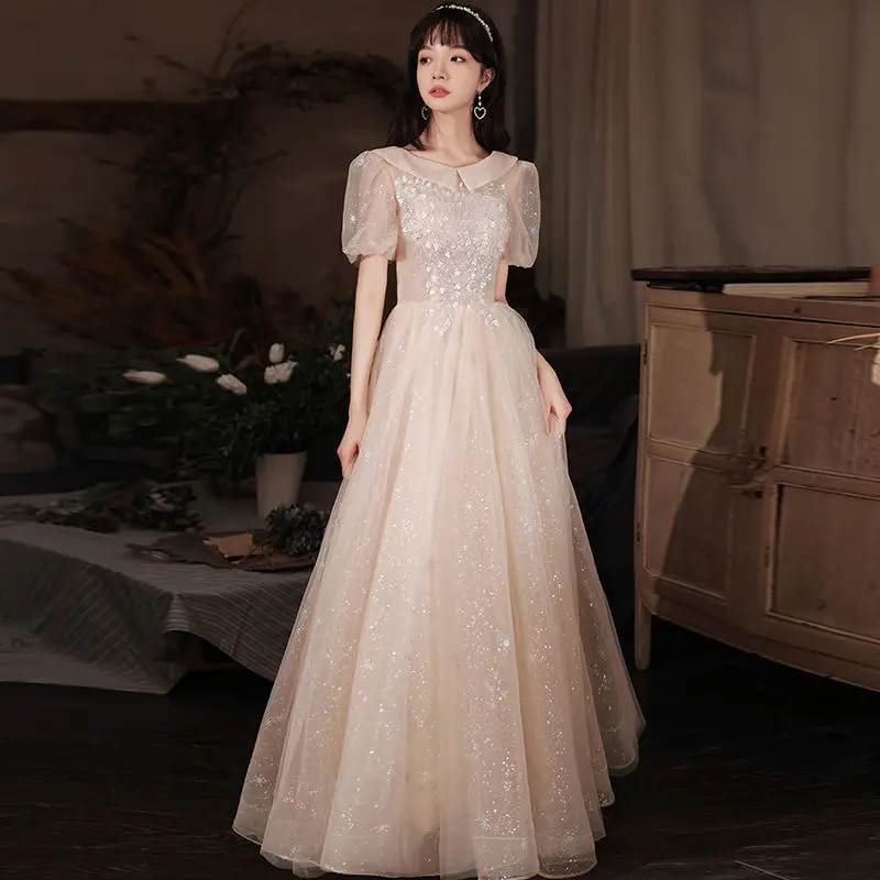 Champagne Tull Evening Dress Women Doll Collar Puff Sleeves Sequin Quinceanera Dresses Exquisite Elegant Graduation Gown