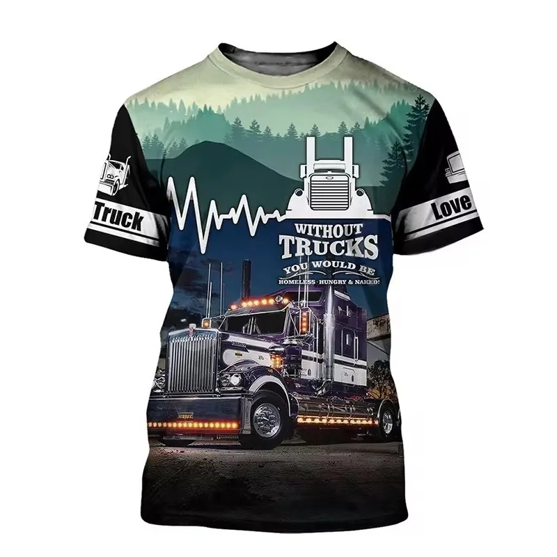 Summer fashion new men\'s printed T-shirt truck pattern round neck casual plus size comfortable short sleeved top popular men\'s T
