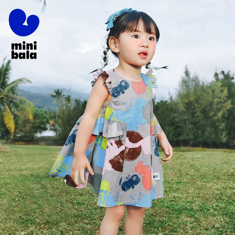 Mini Bala Dress Girls Dress Summer Breathable Pure Cotton Lotus Edge Little Fly Sleeve Loose Dress