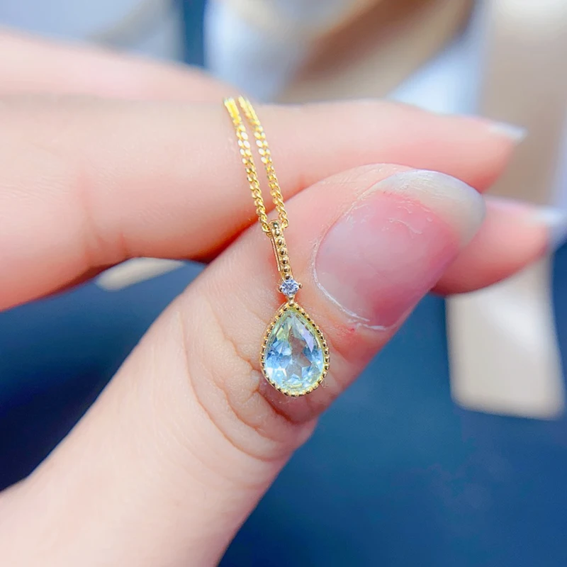 Natural Aquamarine  pendant necklace for women silver 925 jewelry luxury gem stones 18k gold plated free shiping items