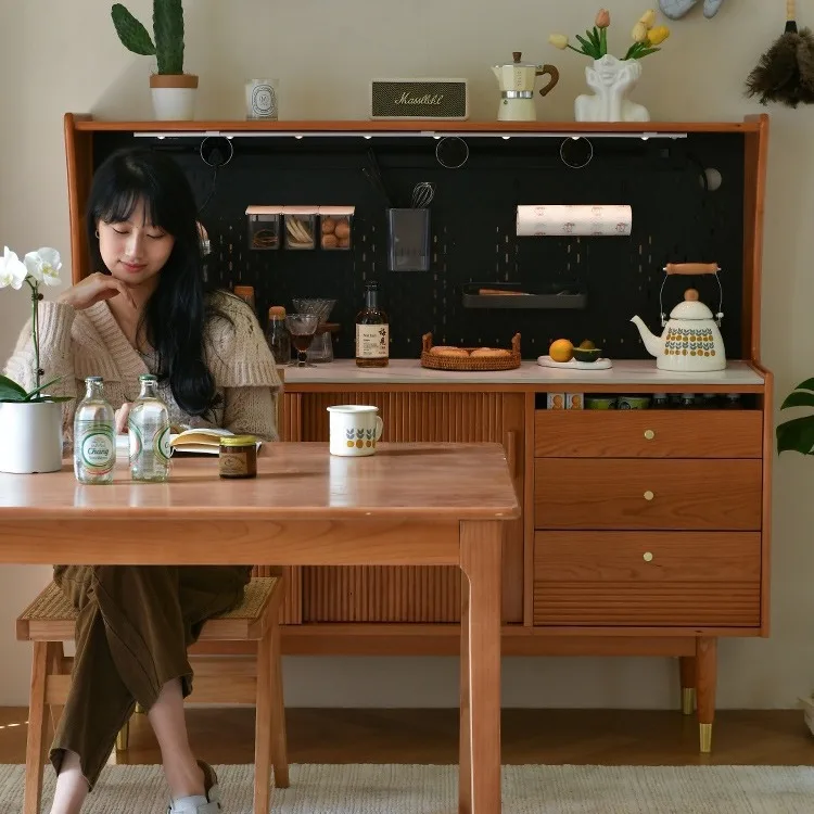 Customizable Nordic simple cherry wood restaurant storage slate tea cabinet integrated against the wall