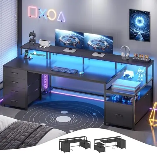 75'' Computer Desk with 5 Drawer, Power Outlet & Led Lights, Home Office Desk with File Drawer, Storage Shelves