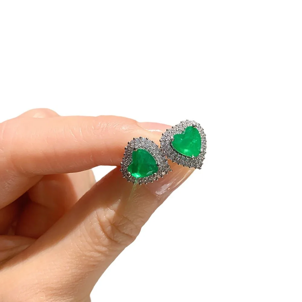 New Fashion Heart-Shaped Paraiba Tourmaline Emerald Stone Earrings For Women Lab Diamonds Earring Fine Jewelry Gift