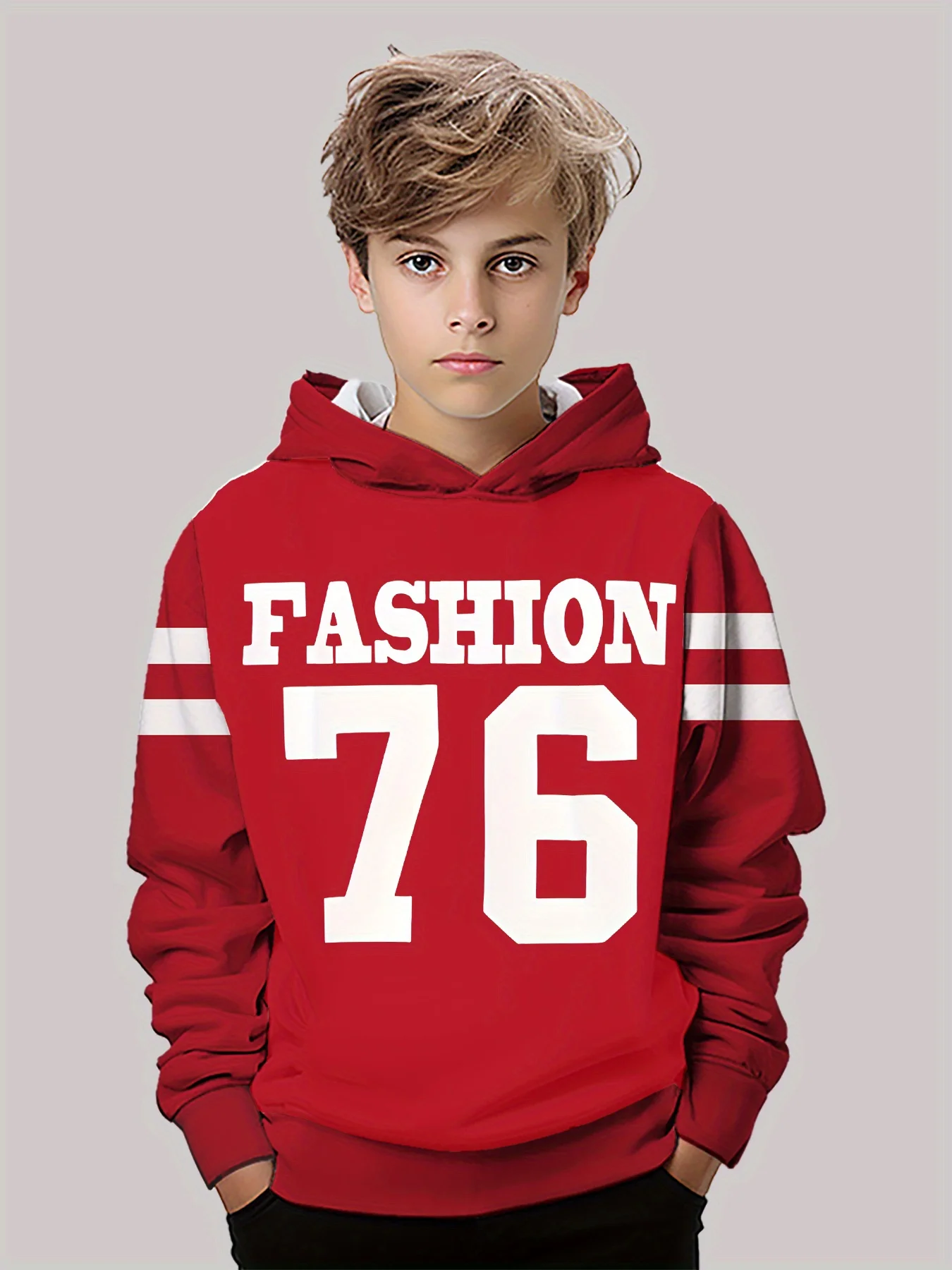 

Ready for Fun! High-Quality Kids' Autumn Winter Hoodie with Iconic '76' Graphic, Versatile Street Style Long-Sleeve Top