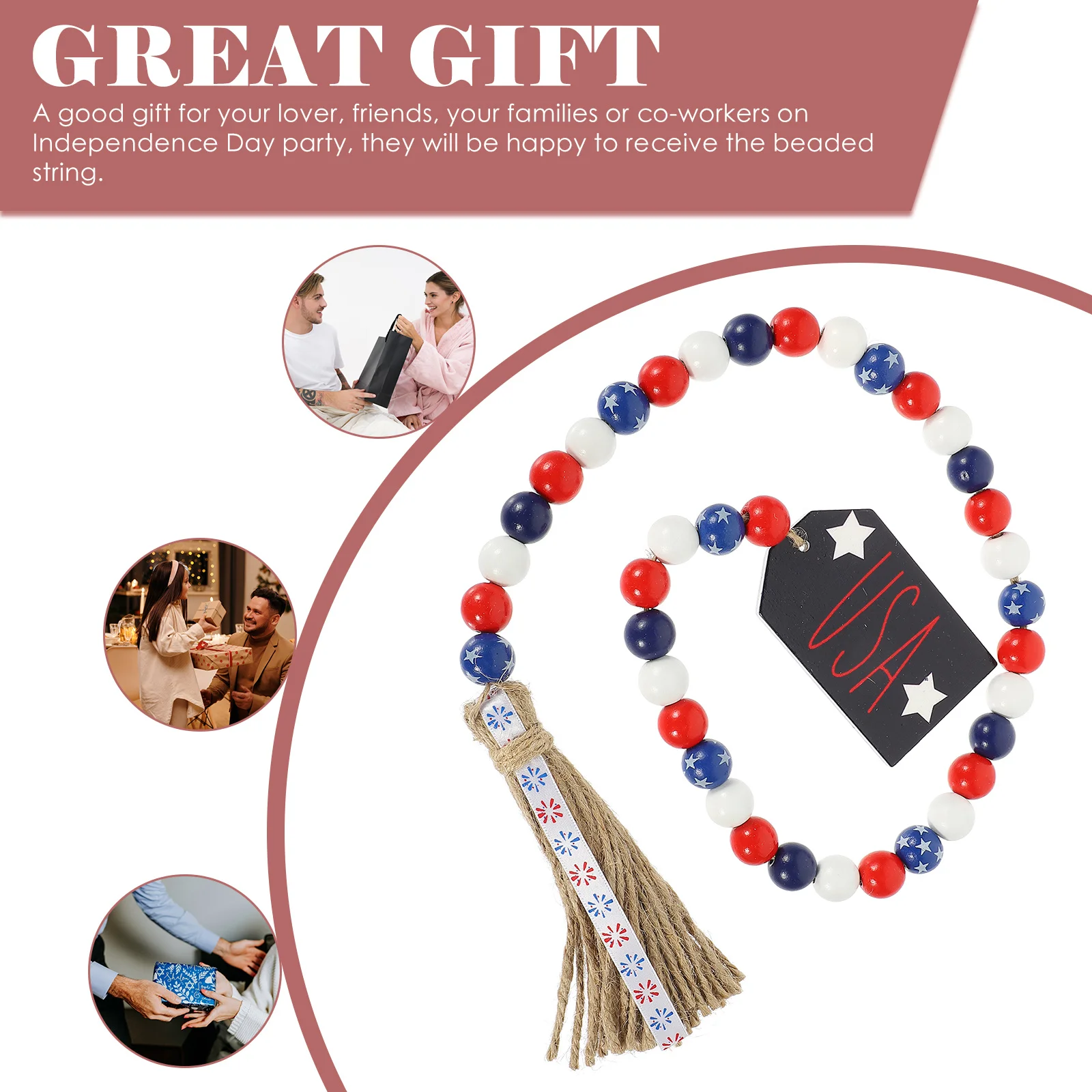 

Independence Day Star Wood Beads Garland Rustic Hanging Tassel Beaded String Decorative Wooden Pendant Party Wall Hanging Decor