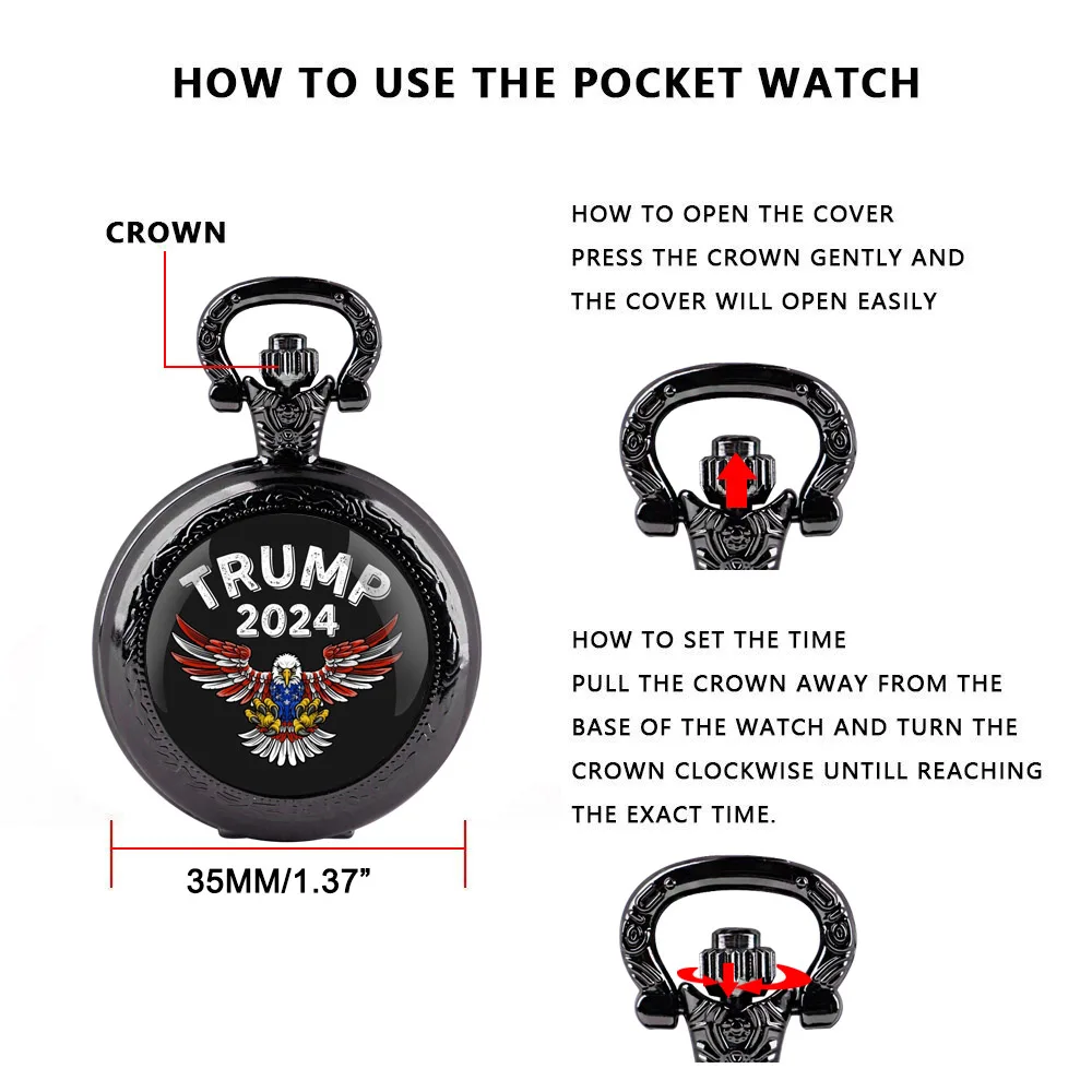 TRUMP 2024 TAKE AMERICA BACK Pocket Watch - Quartz Movement, Round Dial, Unique Bronze Necklace Souvenir Gift