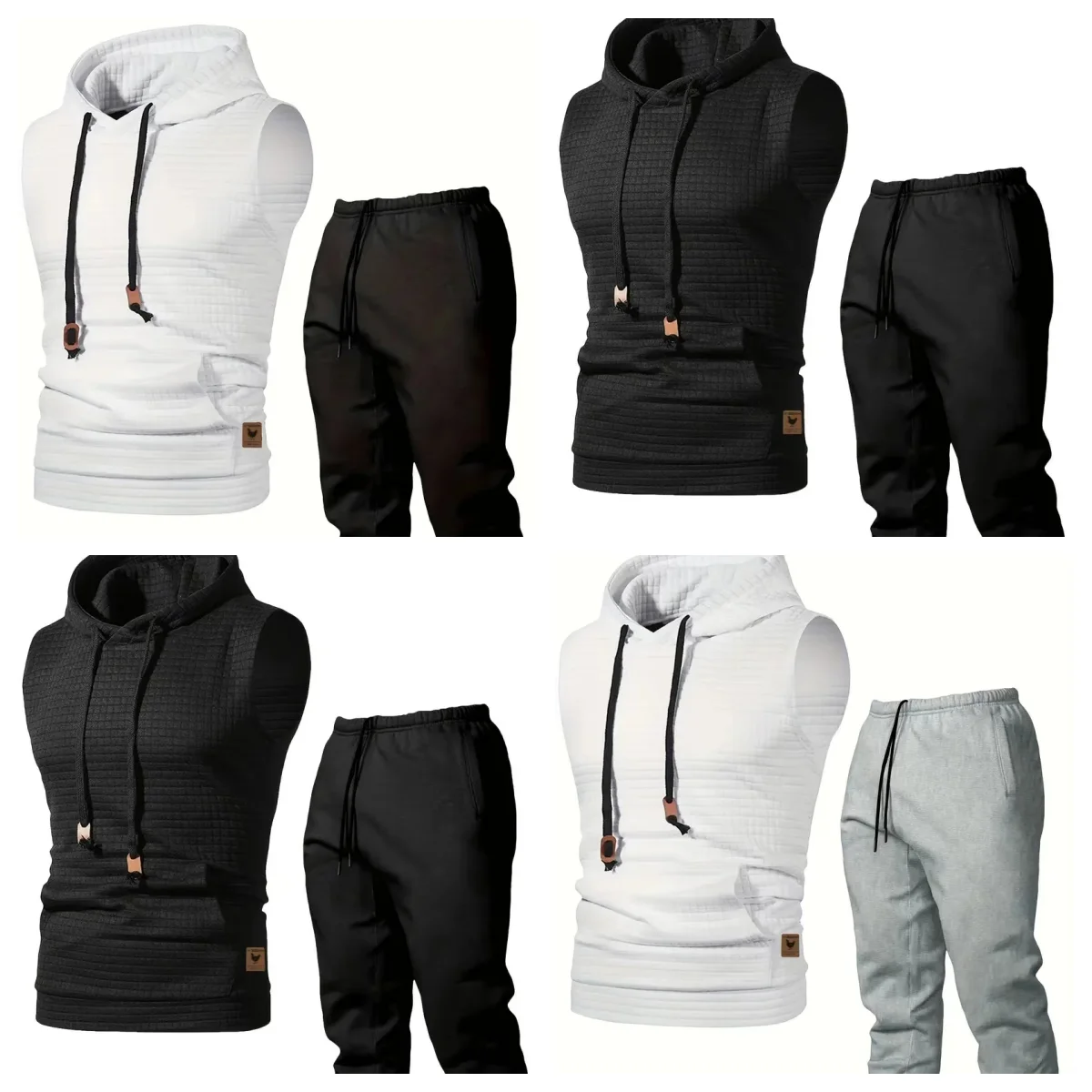 

New Men's 2pcs Set Hooded Vest with Pockets, Pullover Hoodie for Outdoor Running Casual Sleeveless Sweatshirt and Thickened Flee