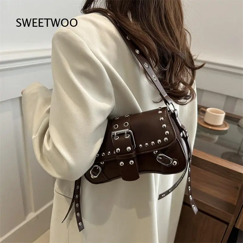 Y2K Punk Rivet Moto Mini Shoulder Bag Multi Strap Buckle Design Hot Girl Style Leopard Solid Crossbody Hobo Bag - view 4