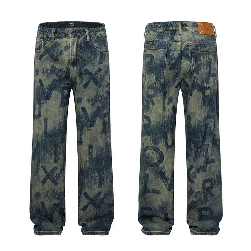 Pantalones vaqueros rectos para hombre, Vaqueros holgados de alta gama con estampado de letras personalizadas, retro, color azul, ropa de calle, novedad de otoño, 2024