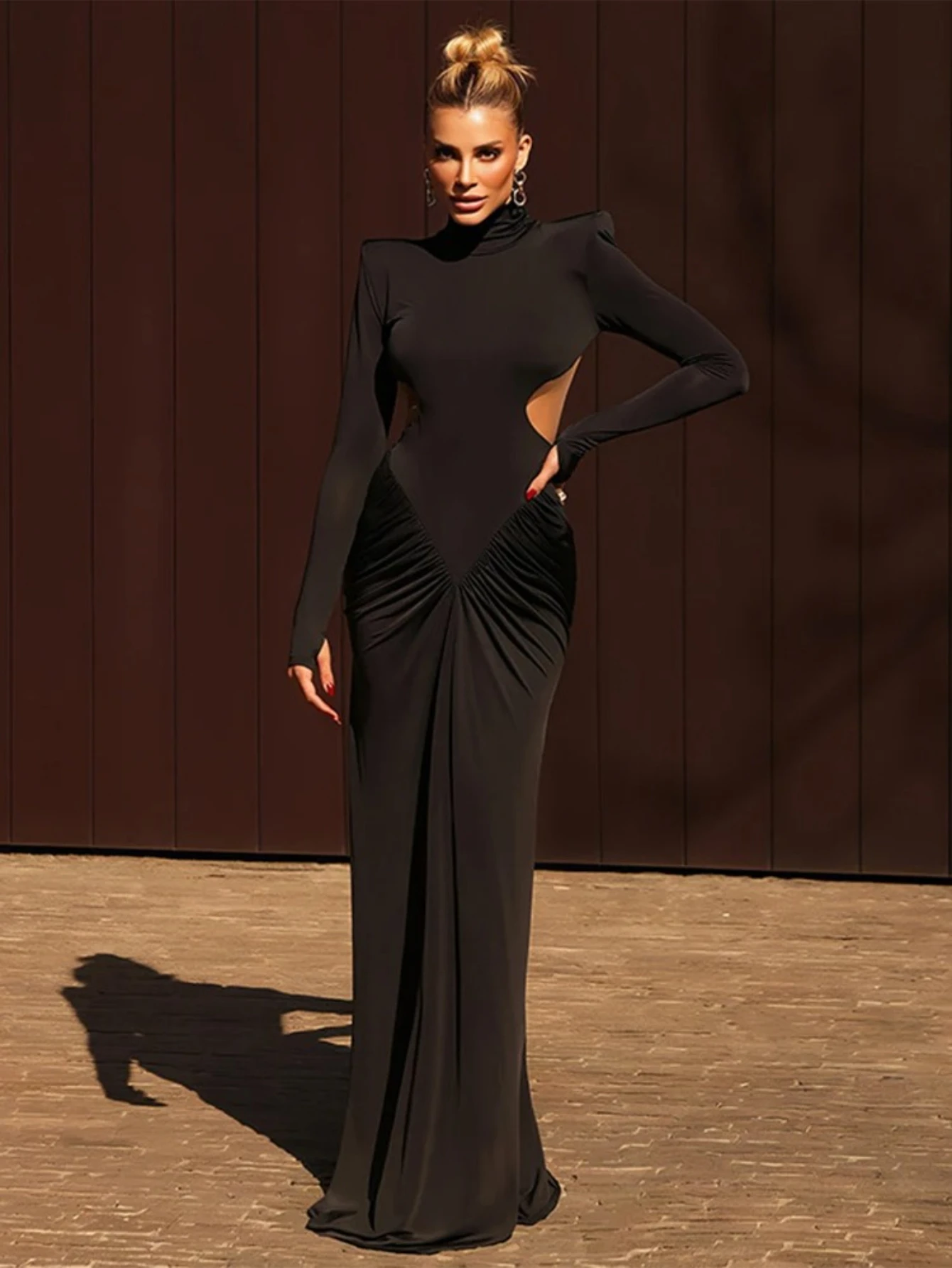 터틀넥 백리스 롱 슬리브 섹시 맥시 드레스 여성 컷아웃 루치드 슬림 드레스 신상 우아한 클럽 이브닝 파티 롱 드레스