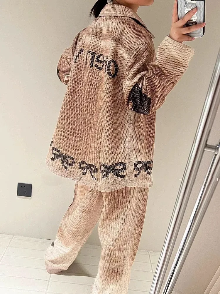 OPEN YY Casual Pants 2025 Fashion Cat Cat Dog Bowknot Pattern Button Lapel Set Loose Casual Cardigan Jacket