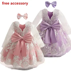 V-Back Bow Baby Girl Clothes Infant 1st Birthday Baptism Dress Embroiderey Lace Elegant Toddler Kids Princess Wedding Party Gown