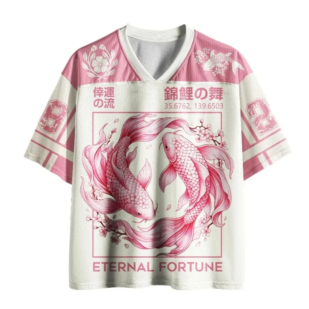 2026 Japanese Koi Fish Print Mesh Jersey T-Shirt Eternal Fortune V-Neck Breathable Streetwear Casual Short Sleeve Tee Unisex