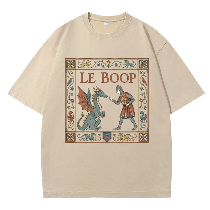 Le Boop Dragon T-Shirt Funny Knight and Dragon Tshirt Casaul Round Neck Printed Cotton Short Sleeve Tees Vintage Washed Clothing