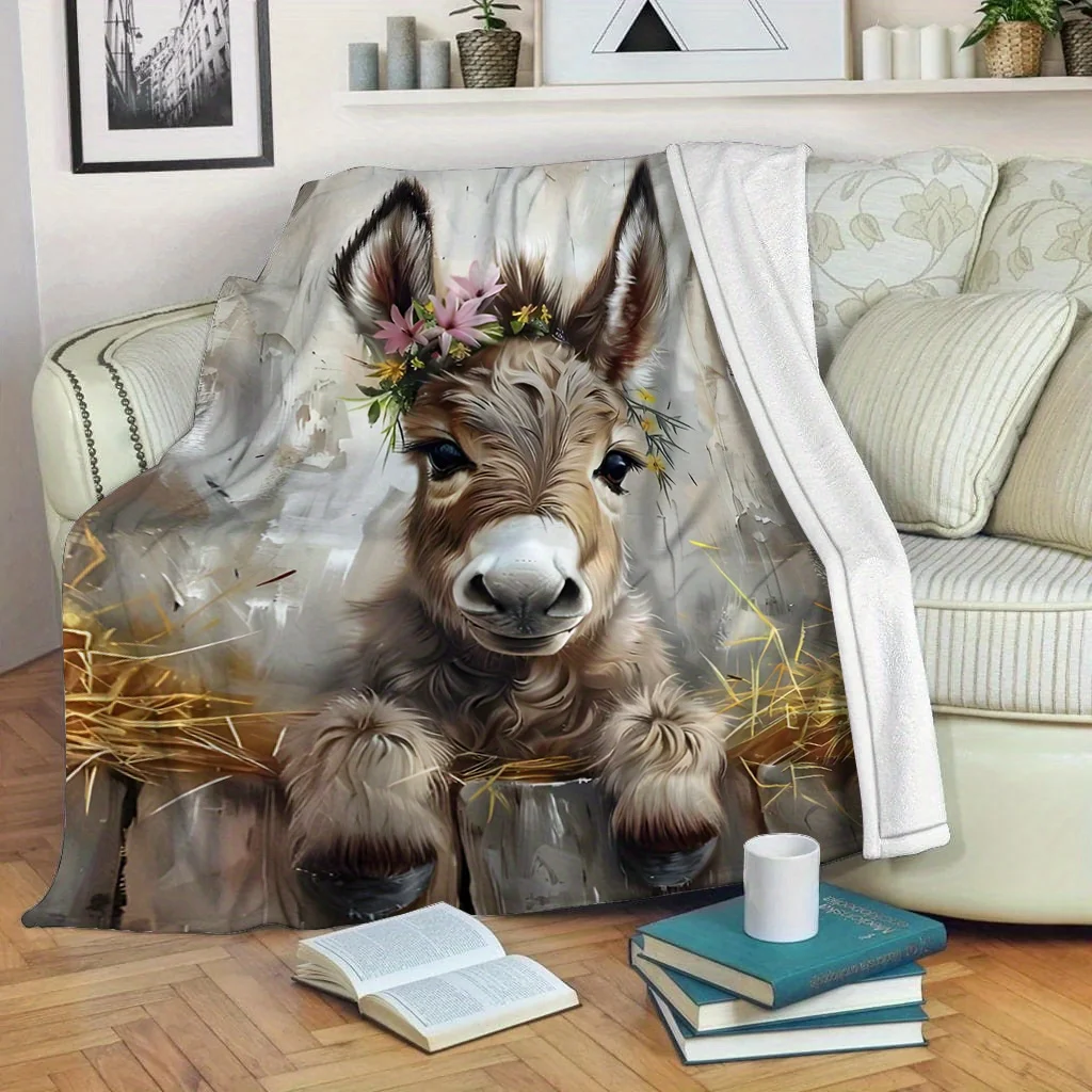 Zeitgenössische Flanelldecke mit Esel-Print, weicher, gemütlicher, warmer Winterüberwurf, vielseitiges, ganzjähriges, digital bedrucktes Polyester