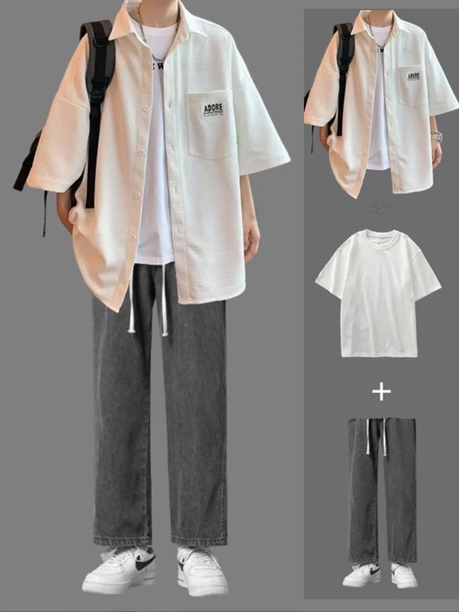 

Summer Short Sleeve Shirt Set Men's Stylish Hong Kong Style Casual Sportswear with Handsome Jeans Youth Outfit