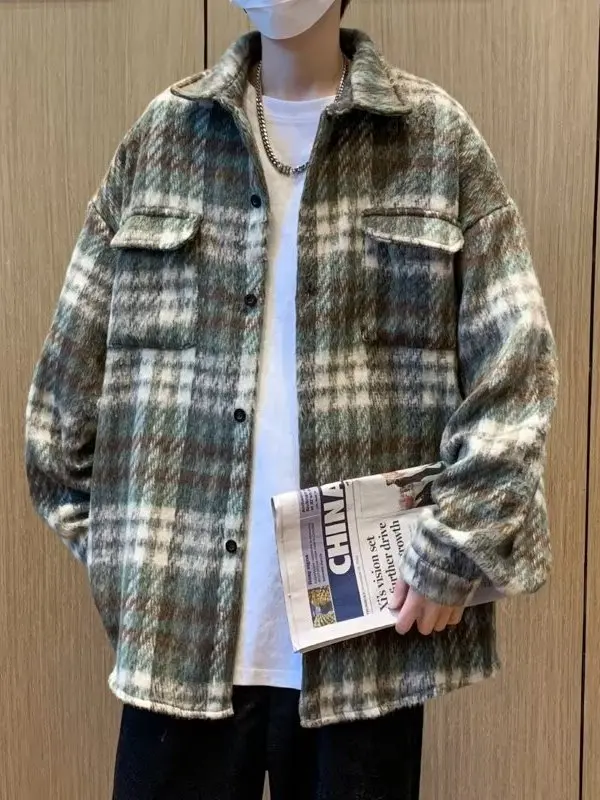 

Men's Plaid Woolen Jaet Loose Fit Turn-down Collar Button Decorated Anti-wrinkle Polyester Youth Casual Wear Spring Autumn