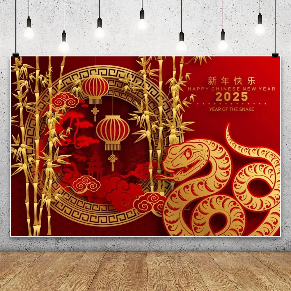 Happy New Year 2025 Backdrop Chinese Year of The Snake Red Lanterns Lucky Backgrounds Party Decor Portrait Photographic Props