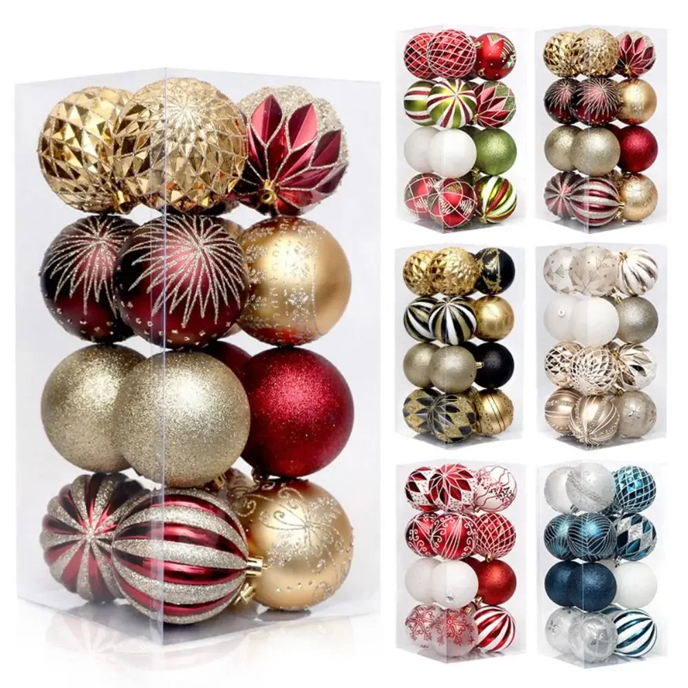 16 Pcs 8cm Painted Christmas Balls Set Cartoon Red Black Gold Electroplated Christmas Hanging Balls DIY Plastic