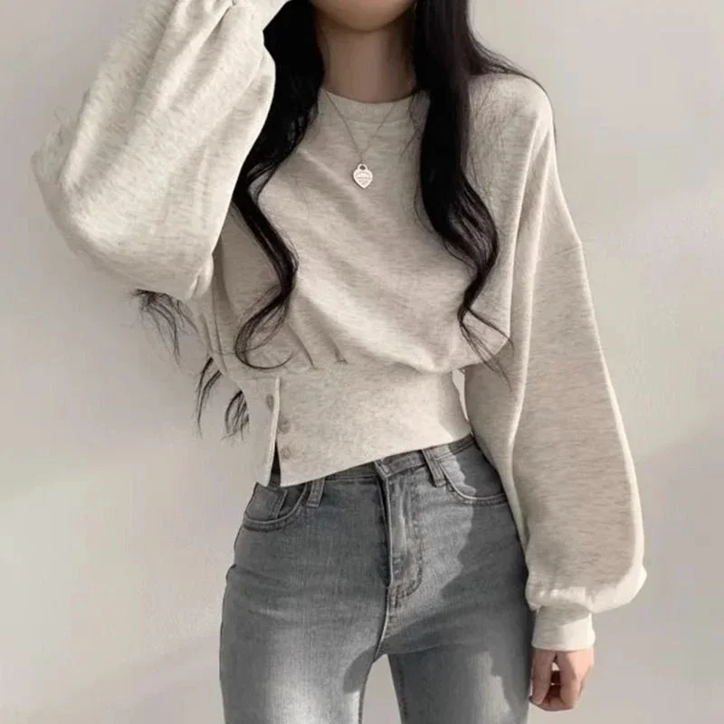 Fashion Cropped Pullovers Sweatshirts Korean Chic Women Autumn O Neck Button Tops Slim Fit Long Sleeve Casual Simple Sweatshirts