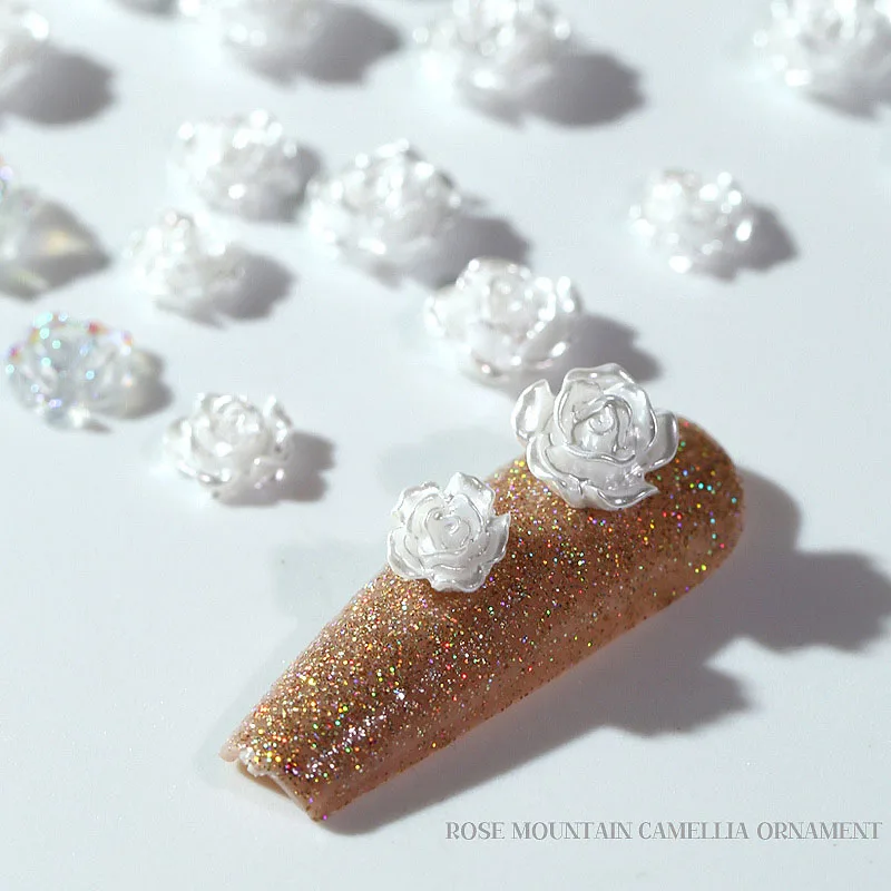 Mix 50PCS 6/8/10MM White Rose Flowers Charms For Wedding Nail Art Decoration 3D Resin Aurora And Glazed Petal Flower Pearl Beads