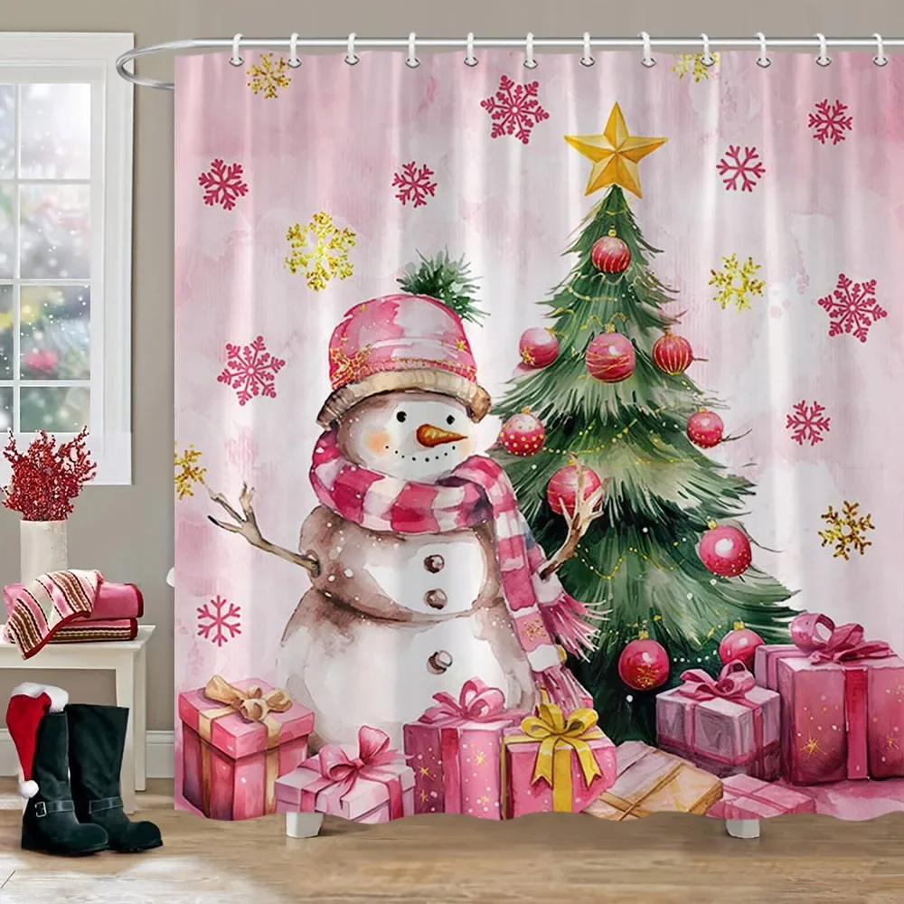 Merry Christmas Bathroom Curtains Snowman Christmas Tree Gift Red Truck Polyester Fabric Washable Shower Curtain Bathroom Decor