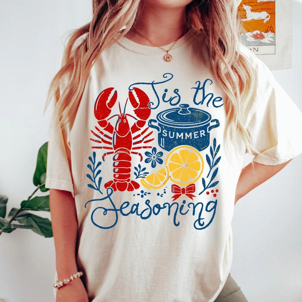 Tis The Seasoning T-Shirt Funny Retro Coastal Summer Tee Lobster Shirt Crawfish Boil Tee Seafood Shirt Gothic Women Clothing Top