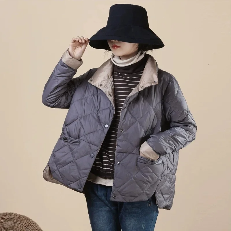 Autumn Winter Women Light White Duck Down Coat Parkas Warm Frog Bigsize Down Jacket Female Casual Loose Short Puffer Outwears