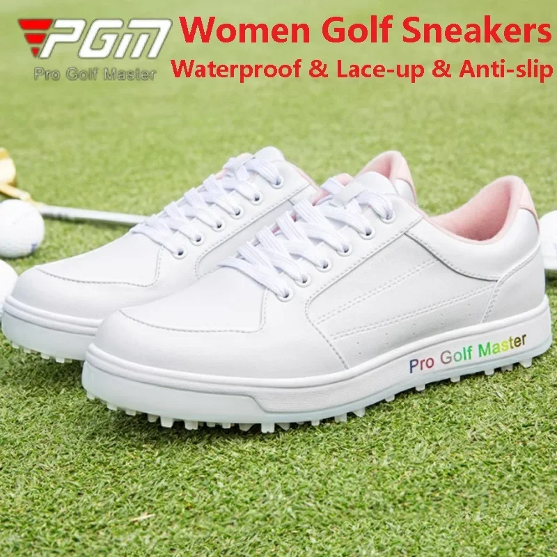 PGM-Sapatos de golfe leves impermeáveis para mulheres, tênis antiderrapante TPU, calçado branco pequeno, carta impressa casual, senhoras