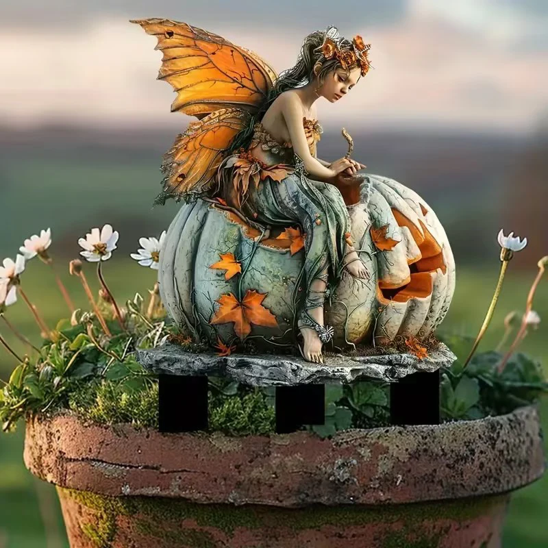 Hot Selling Acrylic Garden Stake Decoration Pumpkin Fairy White Wolf Outdoor Potted Plant Landscape Ground Insertion Decoration