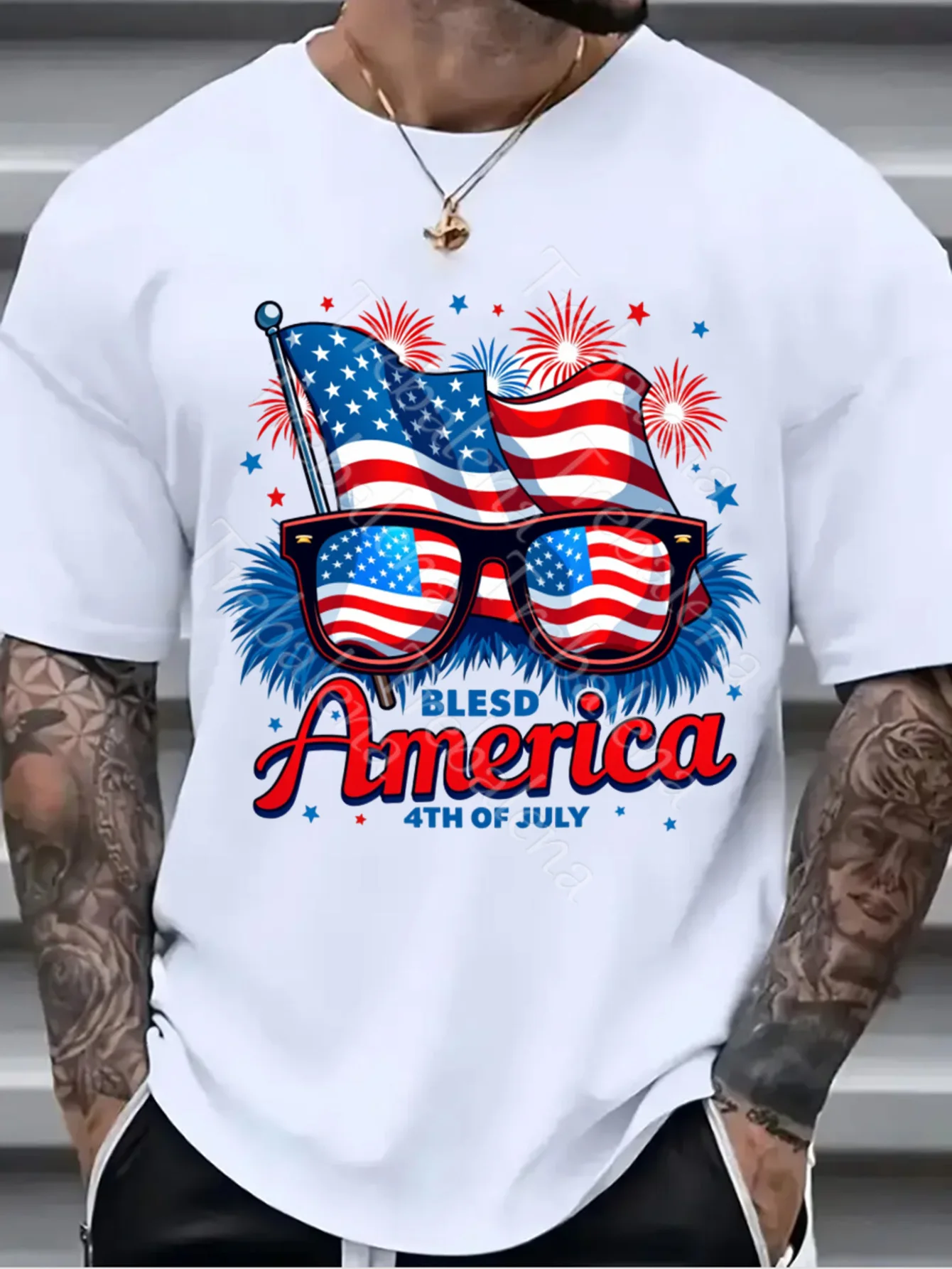 

Trebalena Men's Plus Size Patriotic USA Flag Fashion Glasses Graphic T-Shirt Blessed America 4th of July Independence Day Design