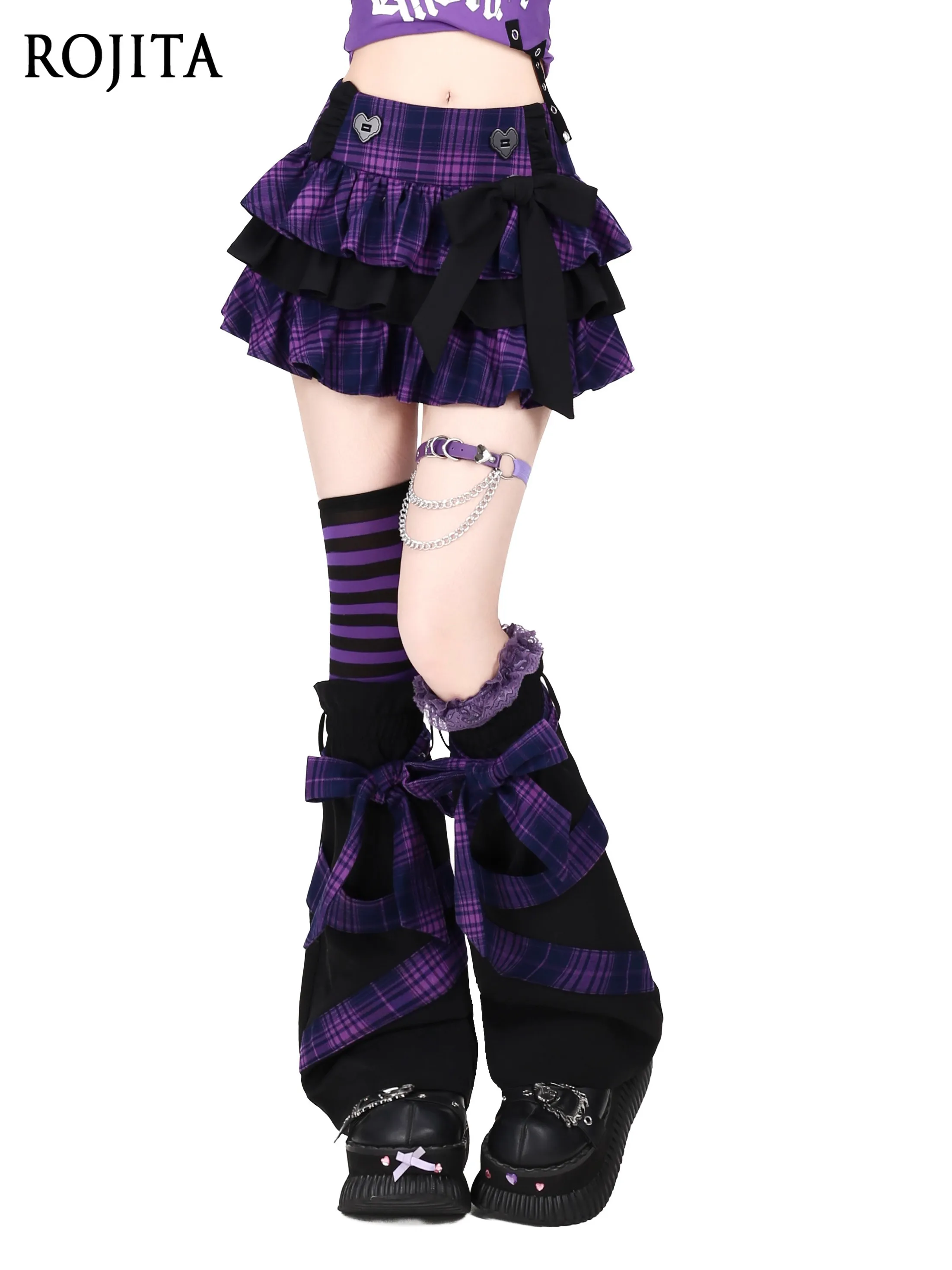 Dark Sweet Lolita Brown Plaid Cake Mini Skirt Women Harajuku Subculture Plaid Bow Puffy Cake Skirt and Leg Cover