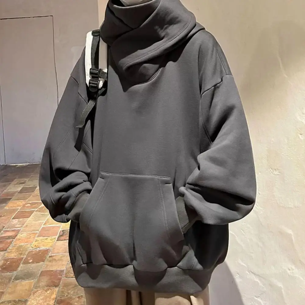 Fall Winter Men Hoodie Oversize Hooded Long Sleeves Hip Hop High Collar Big Patch Pocket Elastic Cuff Mid Length Warm Top