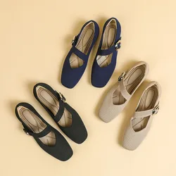2025 Spring Knitted Fabrics Mary Jane Shoes Women Ballet Flats Shoes Comfortable Soft Square Toe Shallow Mouth Shoes for Women