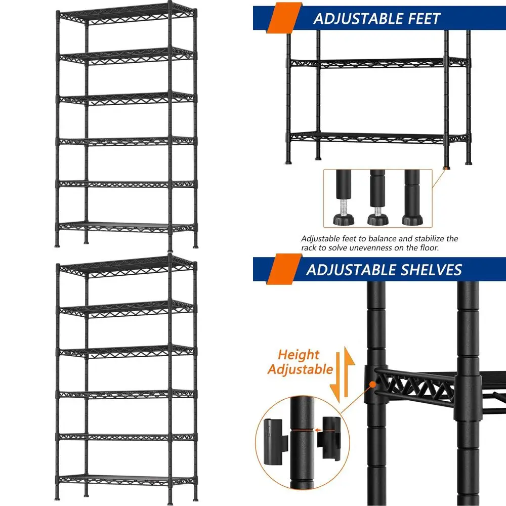 

Регулируемый прочный металлический стеллаж для хранения для кухни, ванной комнаты, кладовой и гардеробной - черный