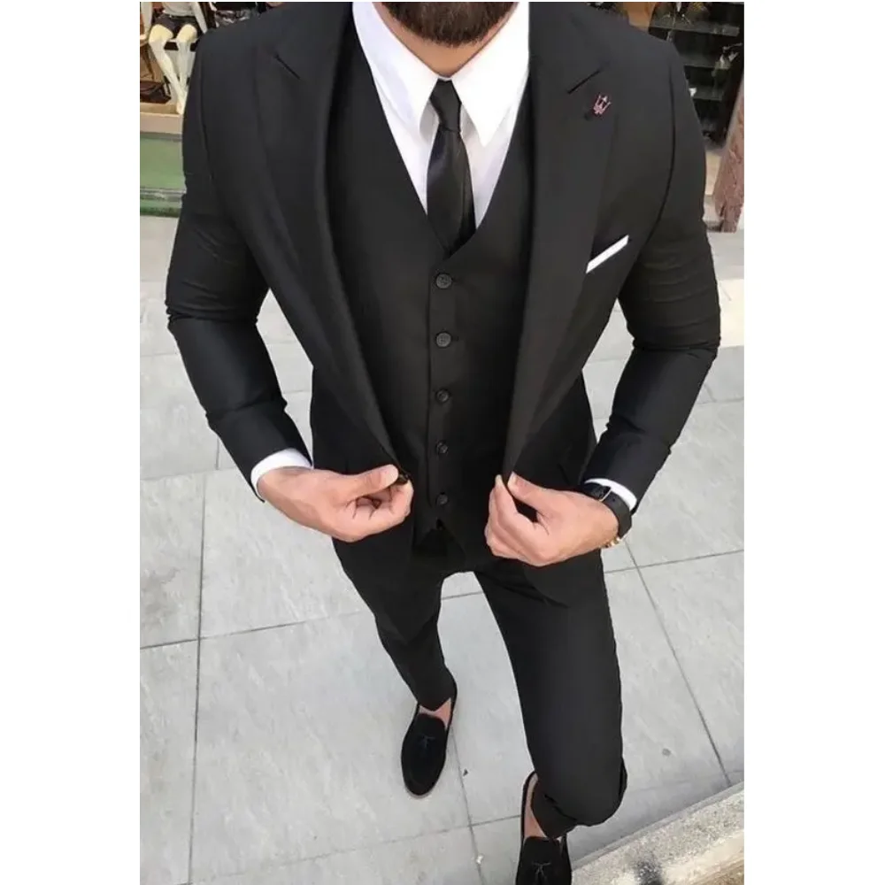 

3 Pieces Black Men Suit Slim Fit Street Smart Business Party Prom Suits Tailored Formal Wedding Suits For Men Groom Tuxedo Terno