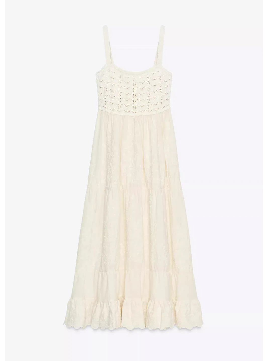 

White Heavy Embroidery Waist Cinched Long Knitted Dr Luxury Sensation Splice Design French Sle Summer Season A-Line Gown