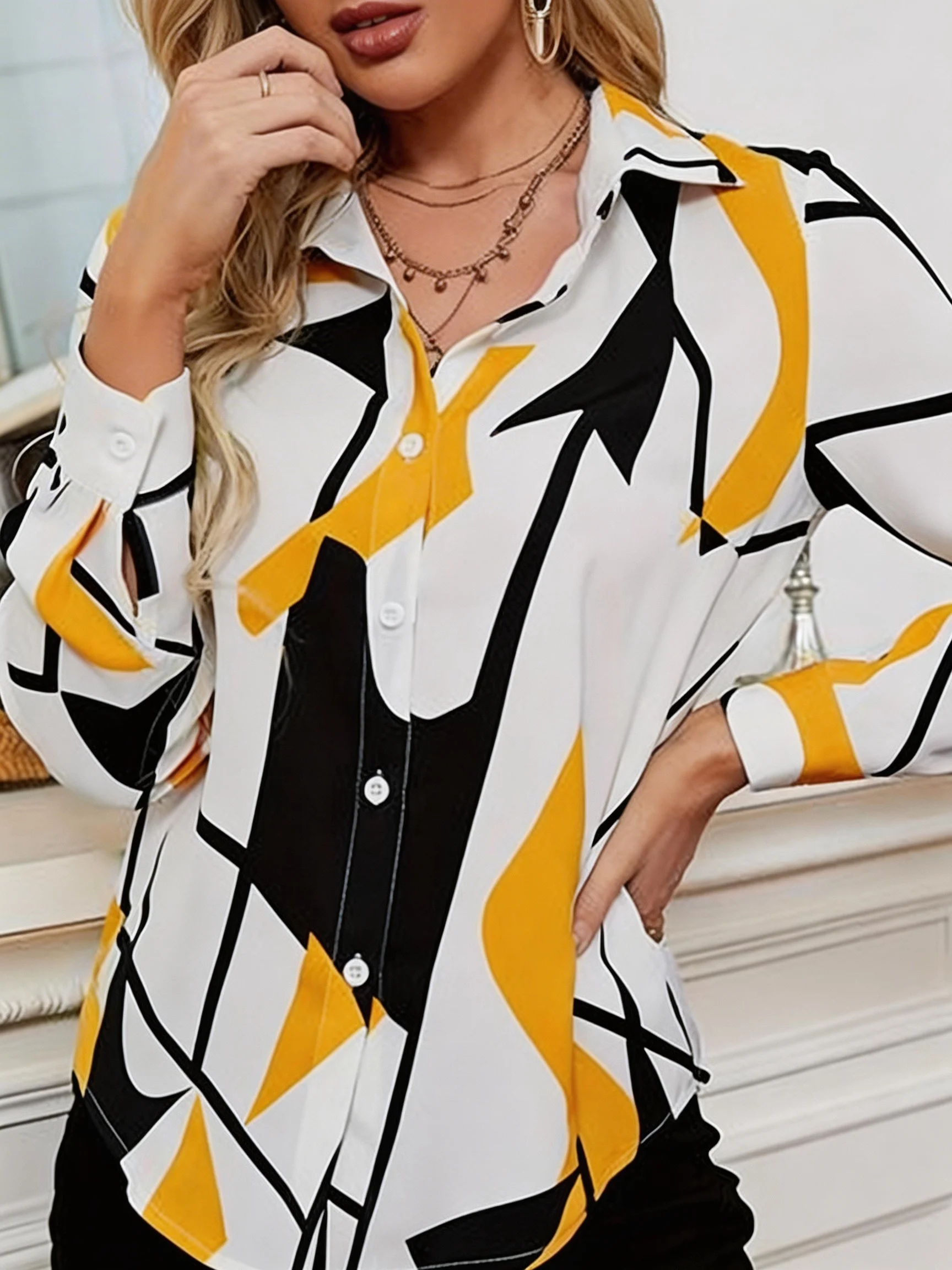 

Женская блузка с геометрическим принтом, свободного кроя, с длинным рукавом, для офиса и повседневной носки