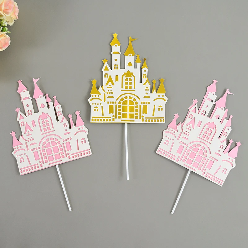 5Pc Cartoon Fairy Tale Castle Pink Gold Cake Decoration Princess Little Prince Happy Birthday Party Kids Cupcake Topper