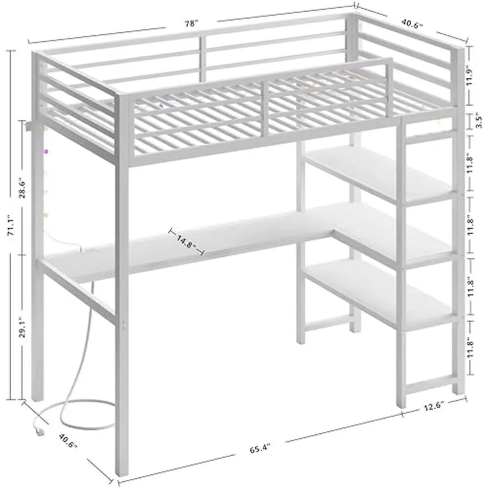 Twin Size Metal Loft Bed with Built-In Desk Shelves Power Outlet LED Light Space-Saving Design Stability & Safety White Kids