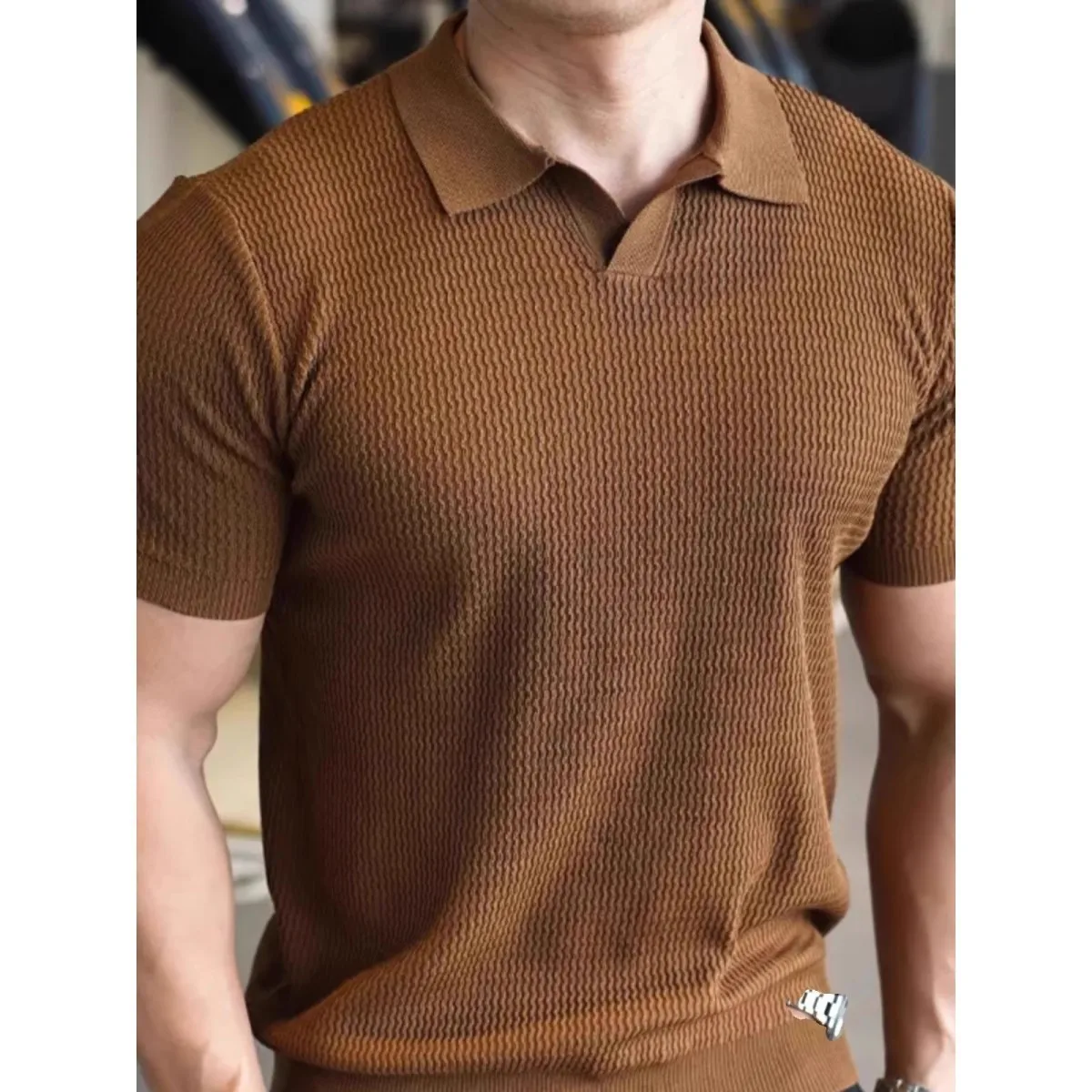

Light Mature Ribbed Knit Polo For Men, Thin Breathable Slim Fit Short Sleeve American Style Muscle Men Cool Silk Shirt